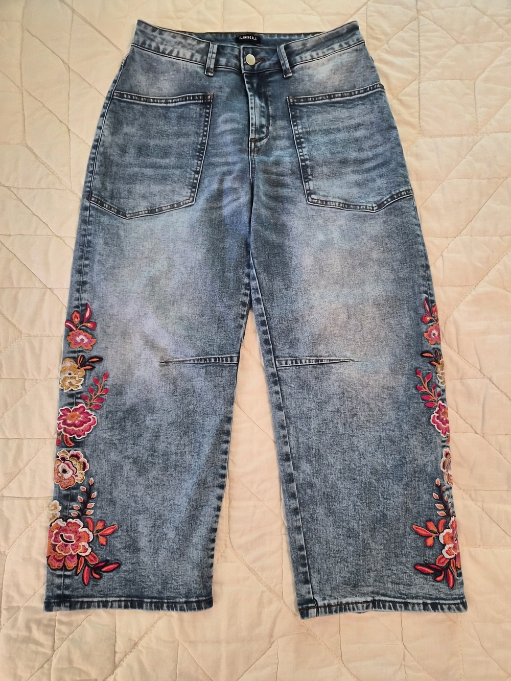 Flamingals Barrel Leg Crop Jeans- Embroidered Jeans- Size M